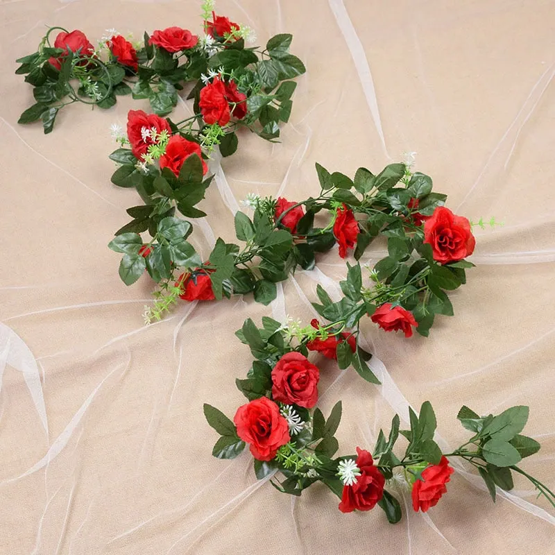 Silk Artificial Rose Vine Hanging Flowers for Wedding Home Garden Living Room Wall Decoration Rattan Fake Plants Leaves Garland