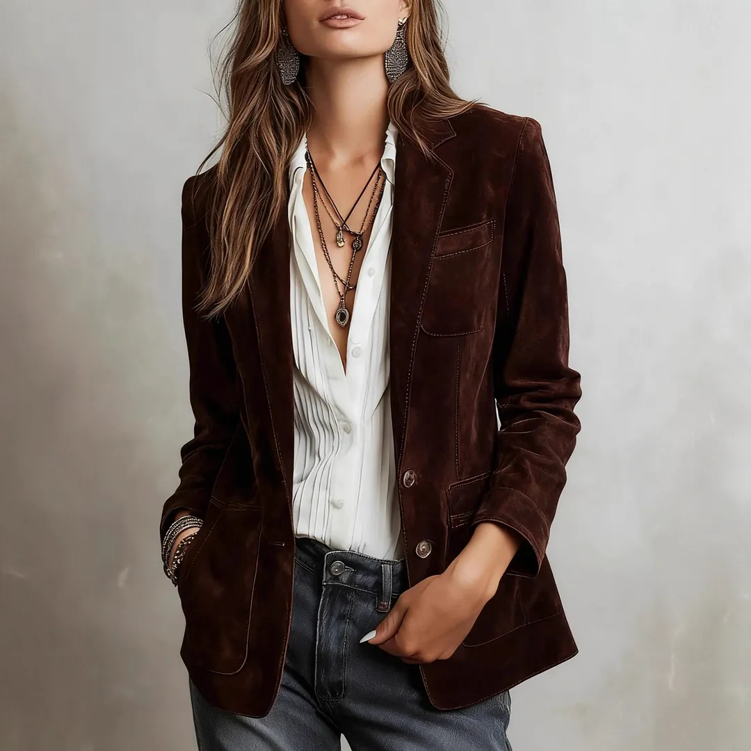 Women's Suede Blazer Jacket Vintage Casual Button Down Coat with Pockets