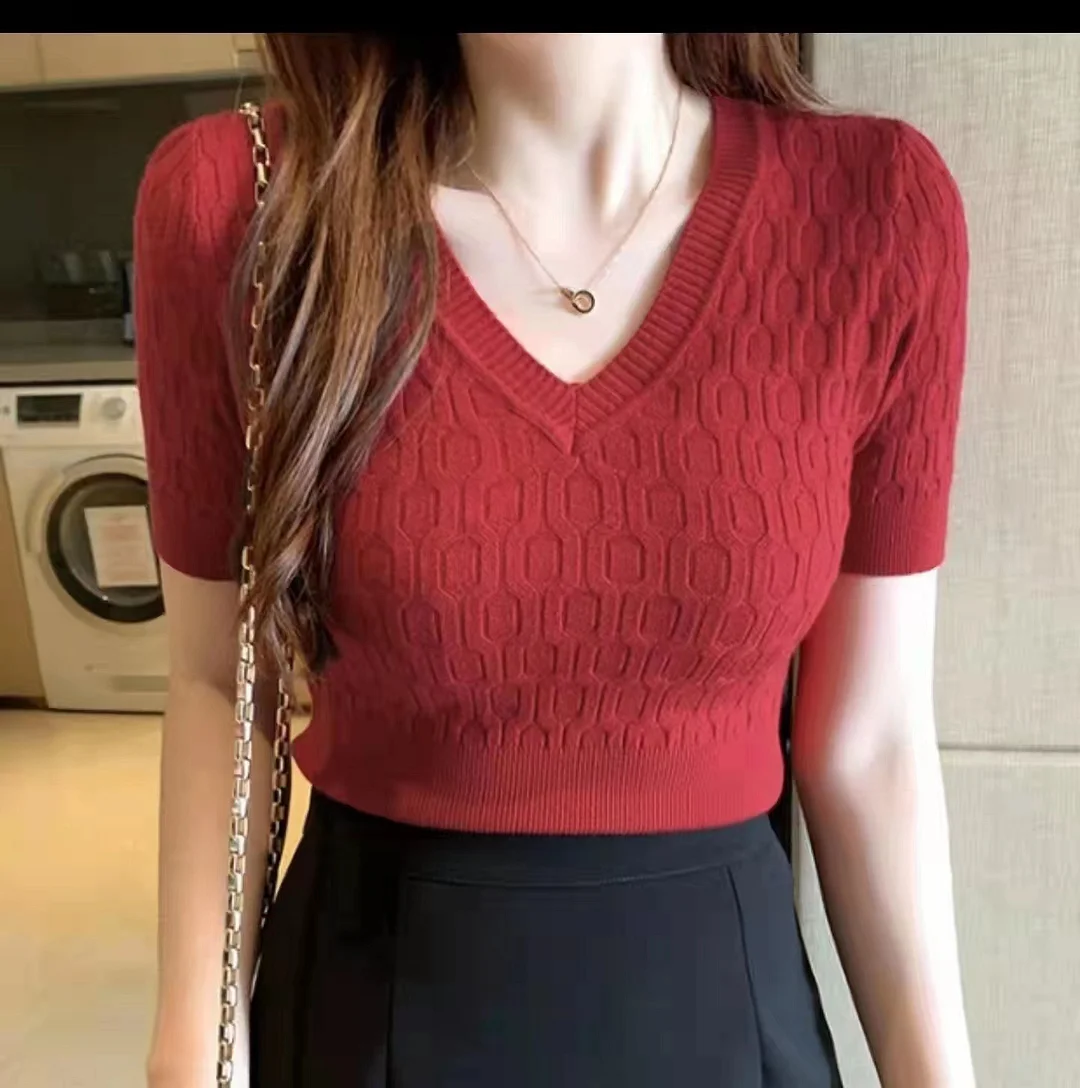 Uveng Uveng Summer V V Sweater Women's Jacket New Korean Version Of The Knitted Shirt Inside The Knitted Shirt Tide