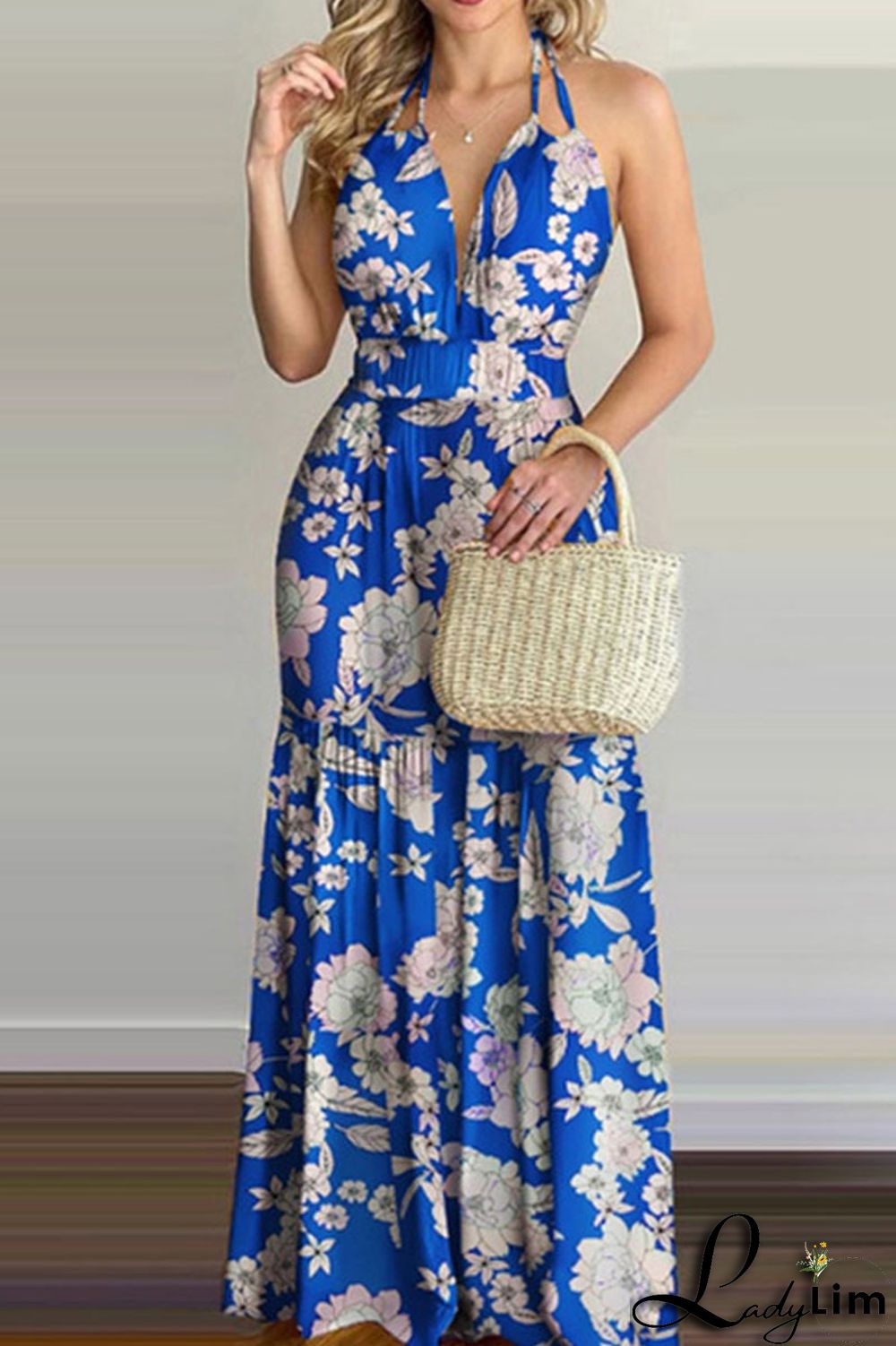 Yellow Sexy Print Split Joint Backless Halter Straight Dresses