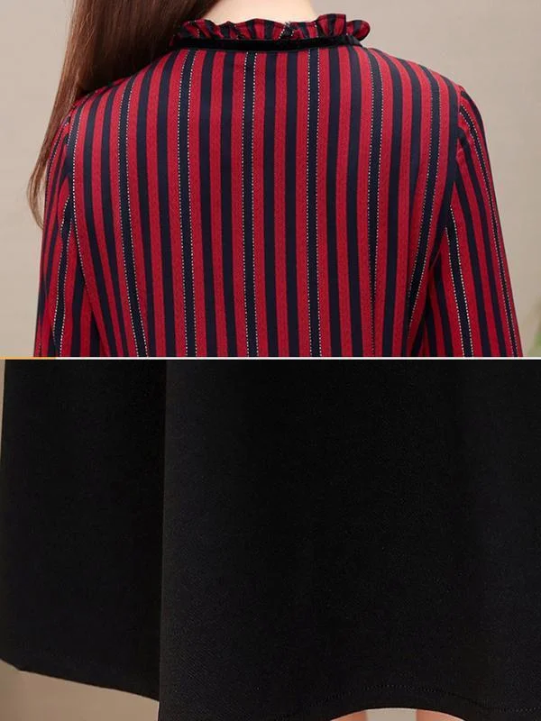 Stripe Puff Sleeve Bow Tie Stitching Shift Dress