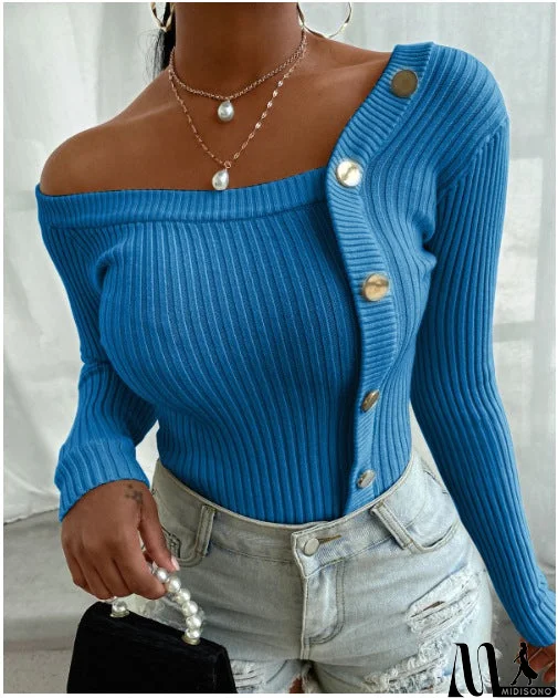 MidiSono - Fashion Stitching Button Long Sleeve Top