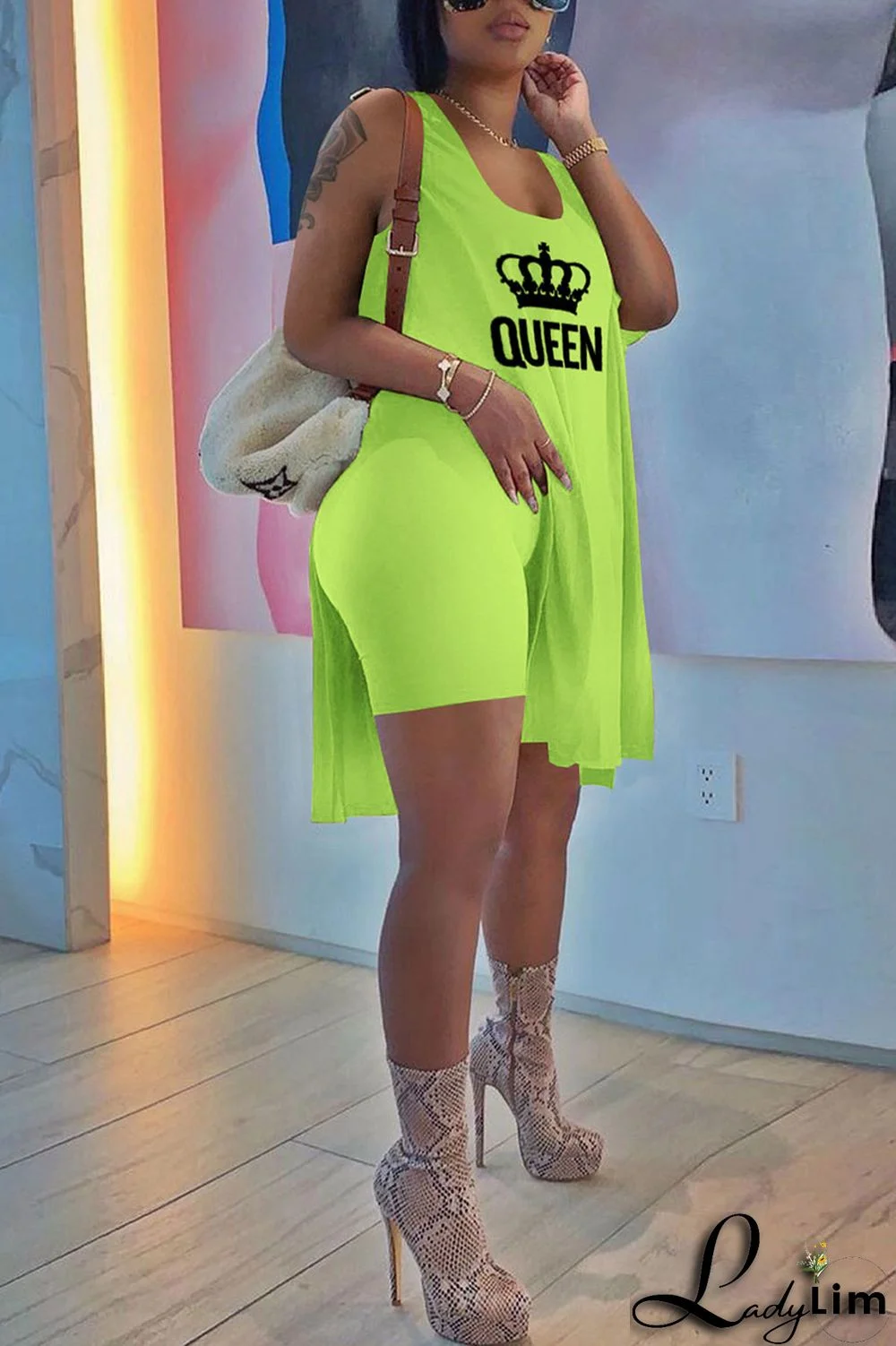 Royal Blue Casual Print Split Joint Slit U Neck Sleeveless Two Pieces