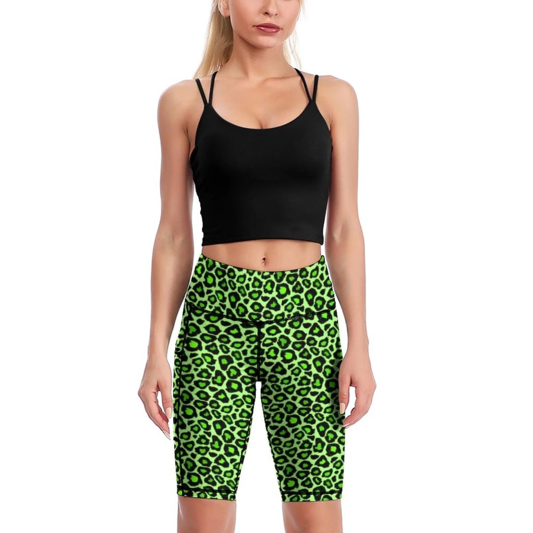 Wild Sexy Neon Green Unique Trendy Leopard Print Knee-Length Yoga Shorts Women Biker Shorts Leggings Workout Yoga Boyshorts