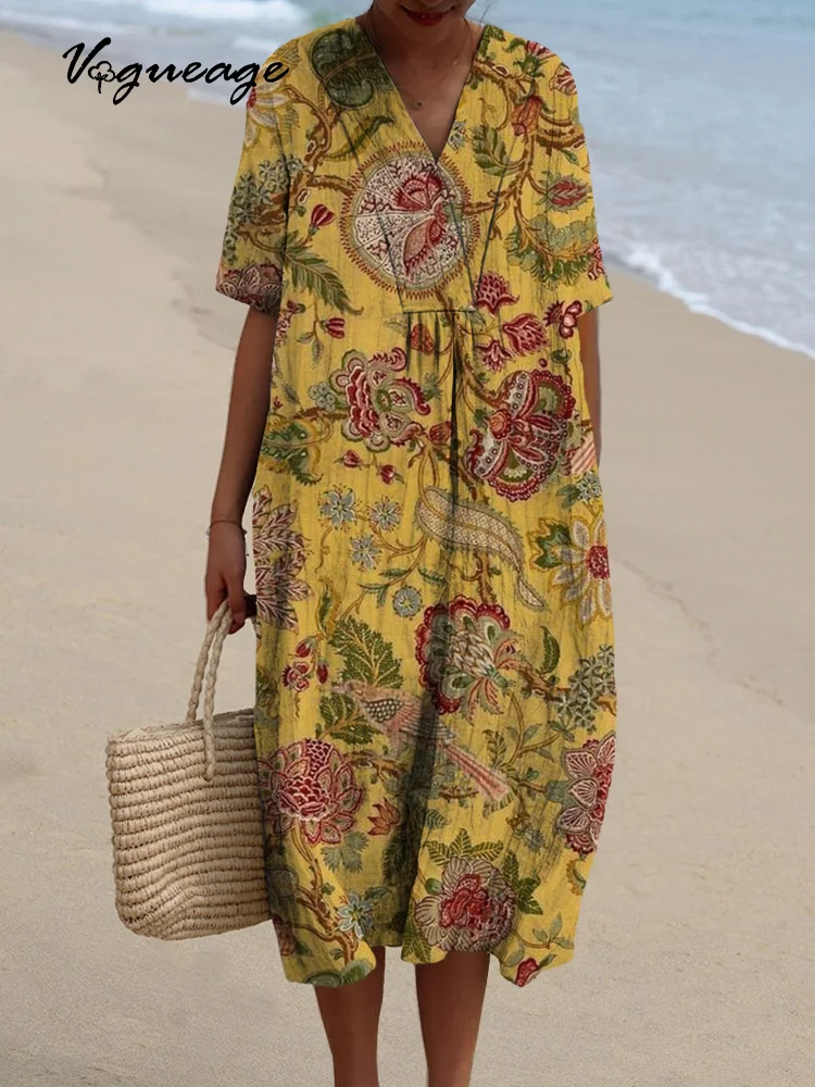 Elegant And Fashionable Flowers Printed Women's Casual Cotton And Linen Dress