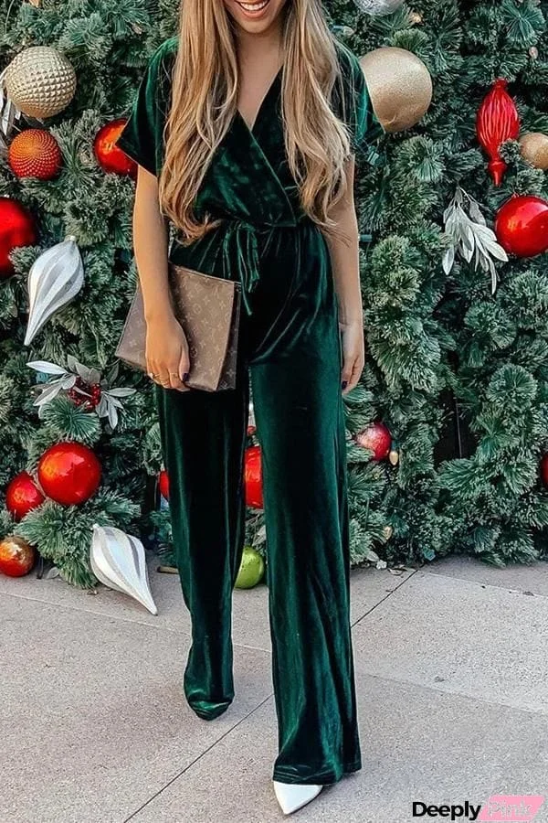 Roschic Casual V-neck Solid Gold Velvet Jumpsuit