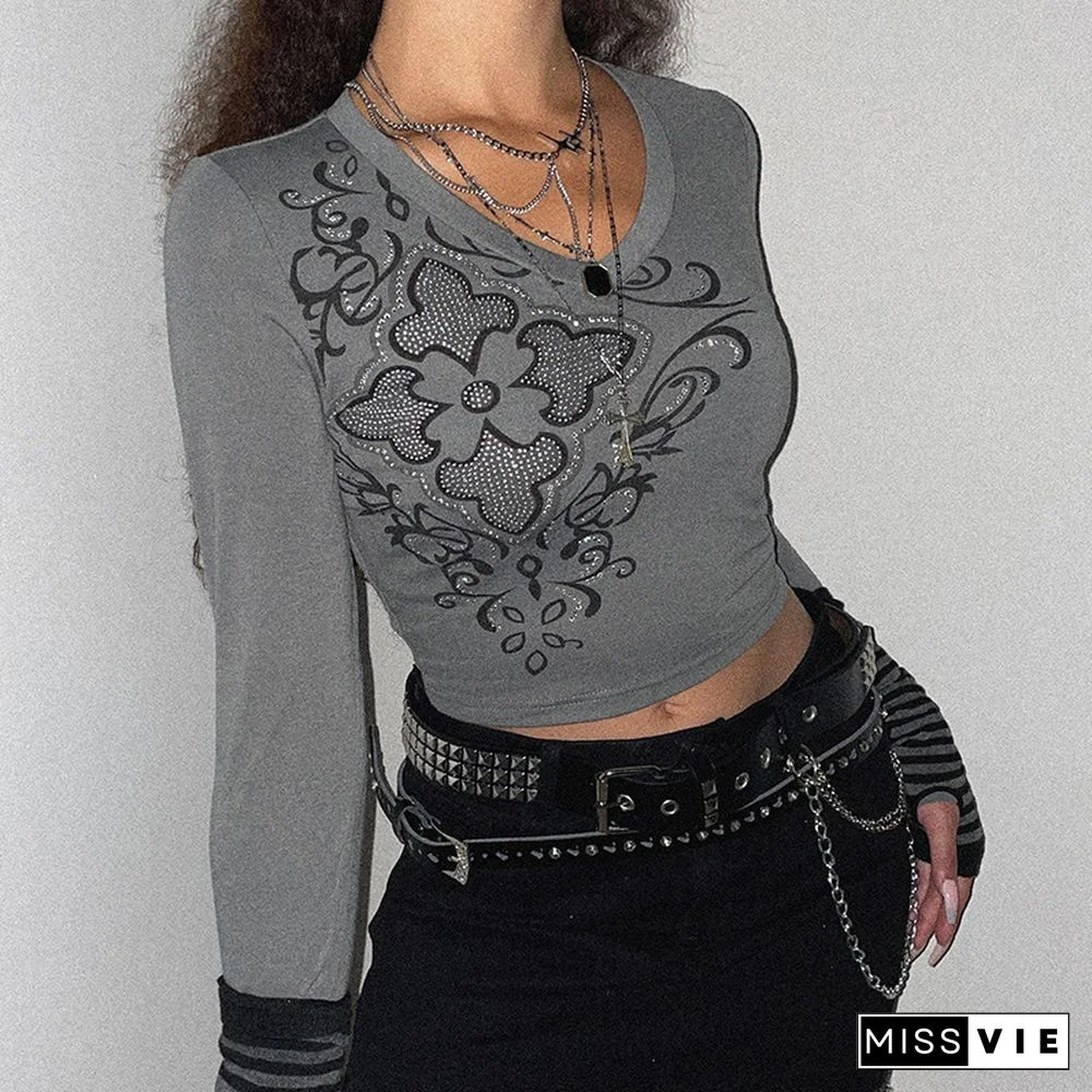 Retro Printed Rhinestone Long Sleeve Crop Navel T-Shirt