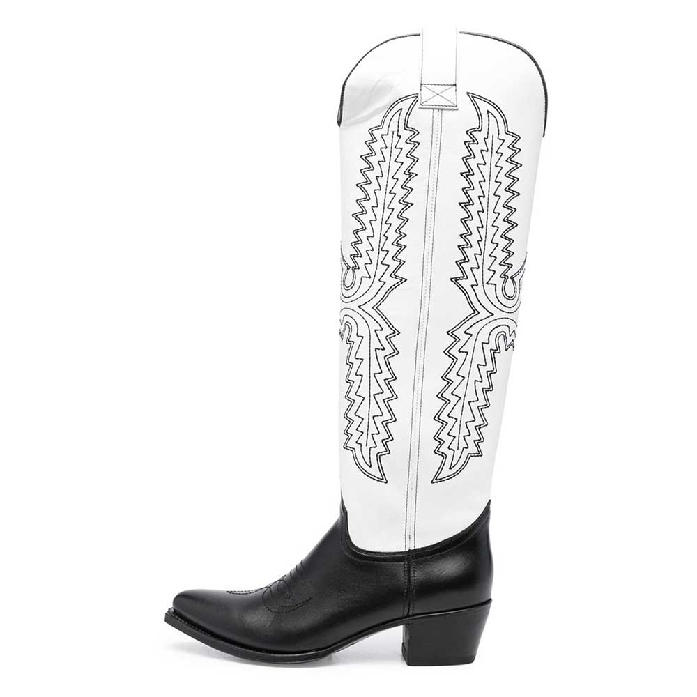 Black and White Vegan Leather Pointed Embroidered Cowgirl Boots    Nicepairs