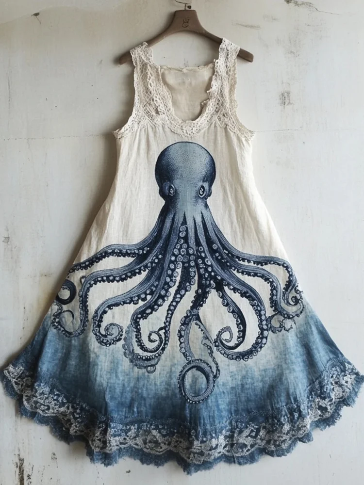 Octopus Pattern Lace Patchwork Linen Blend Dress
