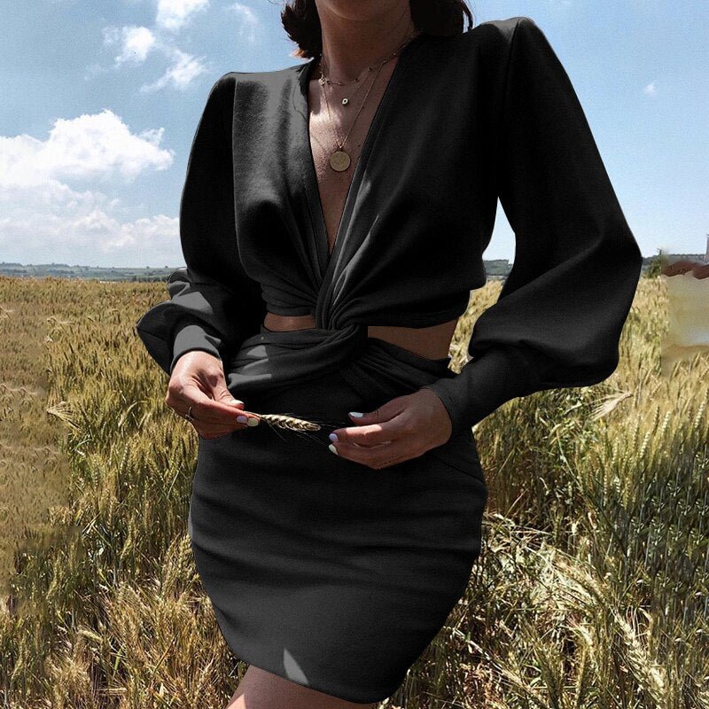 InstaHot Elegant Women Dress Hollow Out V Neck Ruched Long Sleeve Solid Black White Slim Mini Dress Party Casual Vintage Dress