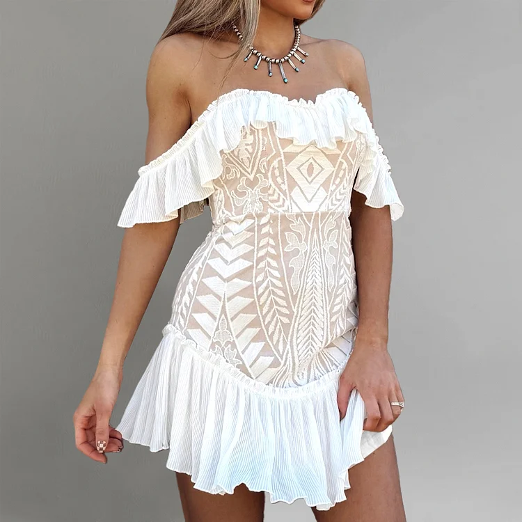 Casual Off Shoulder Ruffle Geo Pattern Mini Dress