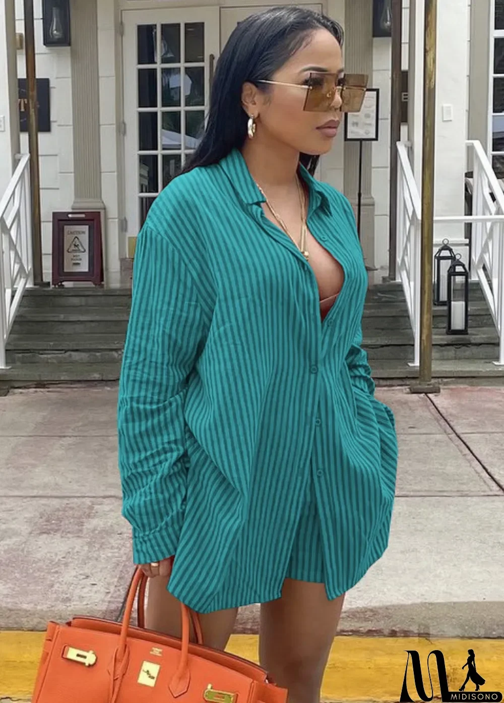MidiSono - Spring Women Casual Light Blue Stripes Long Sleevve Loose Blouse and Match Shorts Cheap Wholesale Two Piece Sets