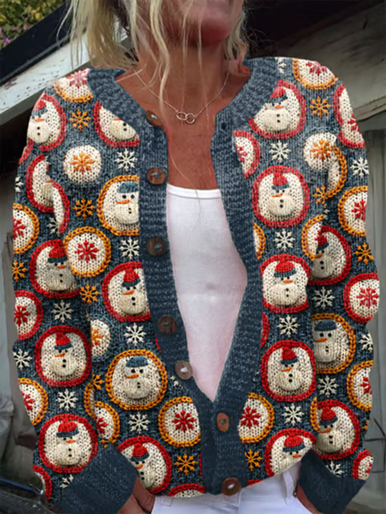 Comstylish Vintage Christmas Snowman Printed Comfortable Sweater Knit