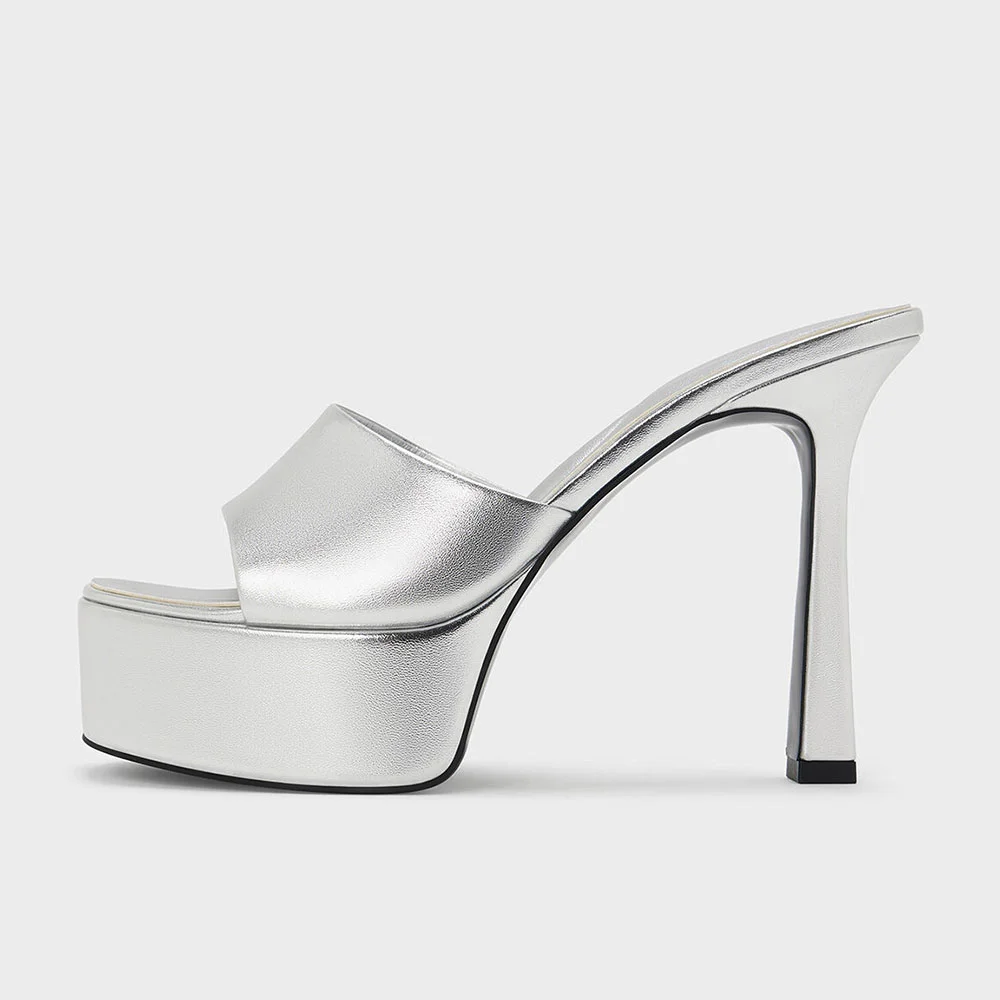 Women's Metallic Silver Square Toe Wide Strap High Heeled Mules