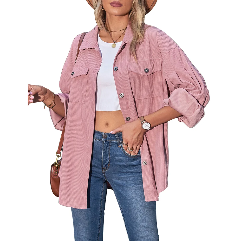 Pink Corduroy Lantern Sleeve Button Jacket