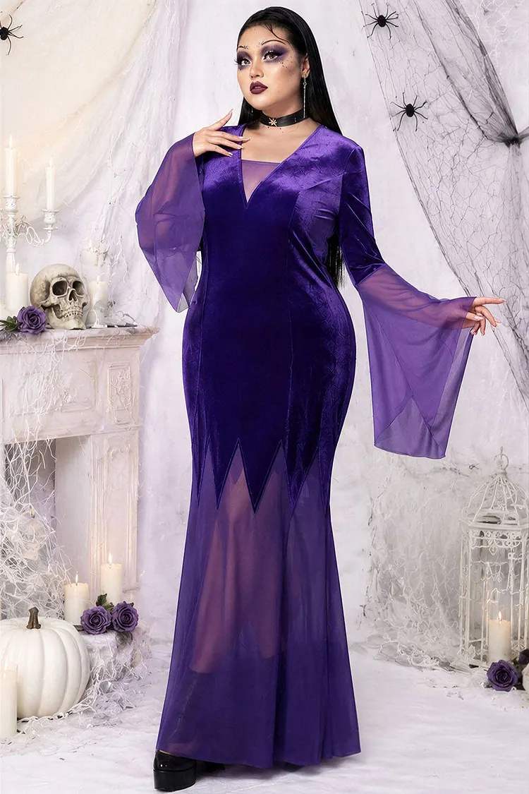 Xpluswear Design Plus Size Halloween Costume Purple V-Neck Trumpet Sleeve Lace Bat Velvet Maxi Dress（Ships 24h） 2024 - Xpluswear
