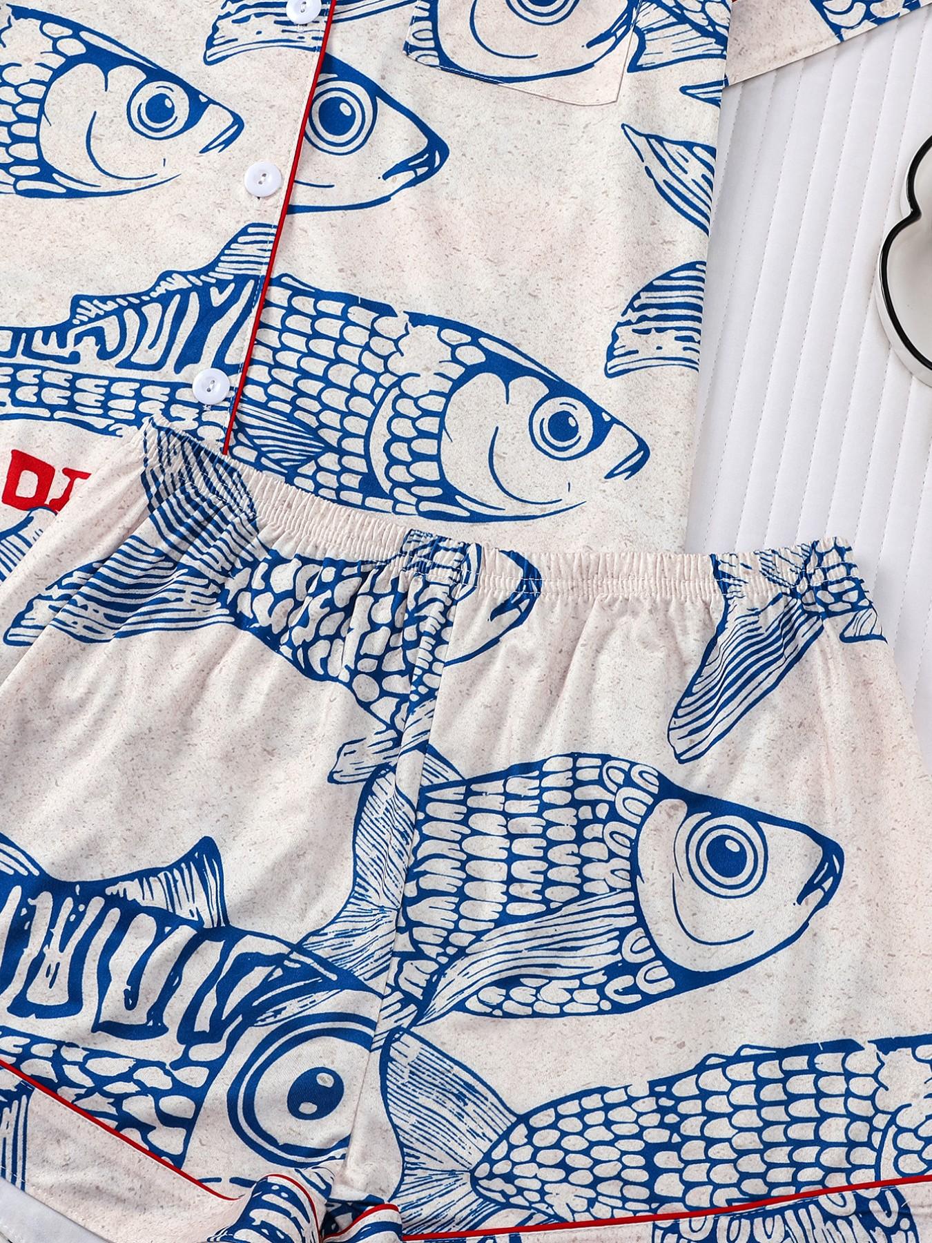 Women's Sleepwear Set, Short Sleeve Button-Up Soft Top & Elastic Shorts, Casual Home Wear, Fashionable Daily Clothing, Loungewear, Pajama Print