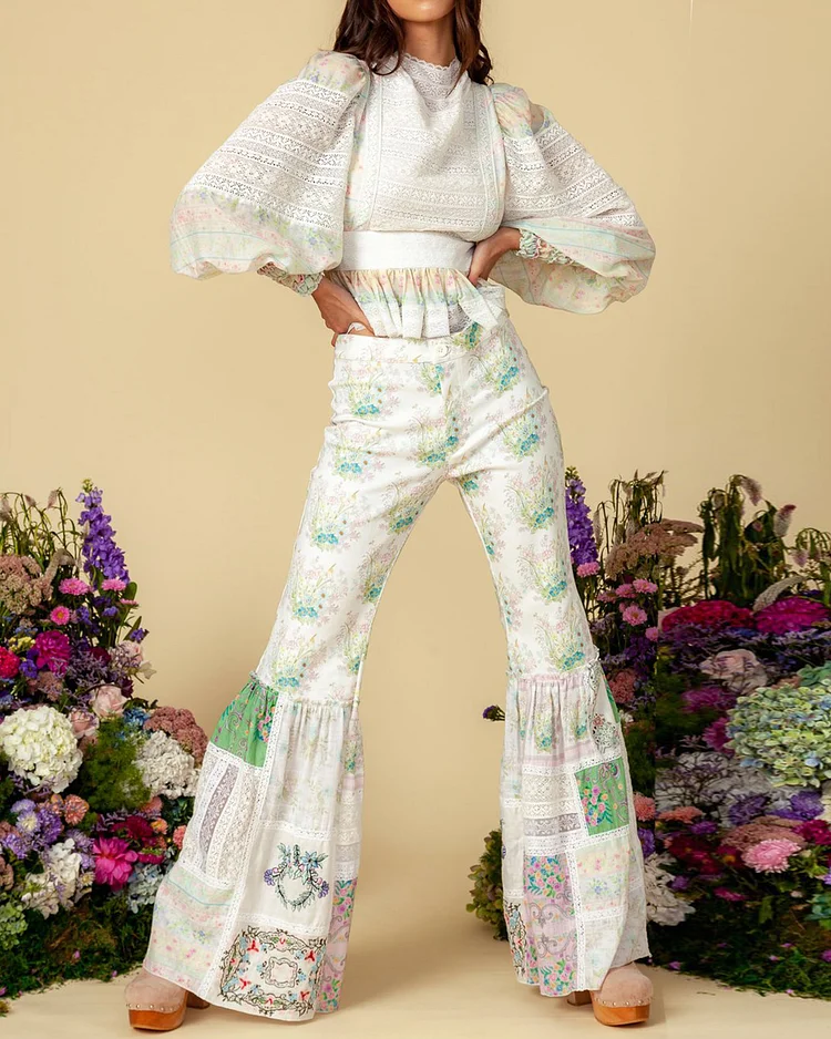 Long-sleeved floral top + pants suit