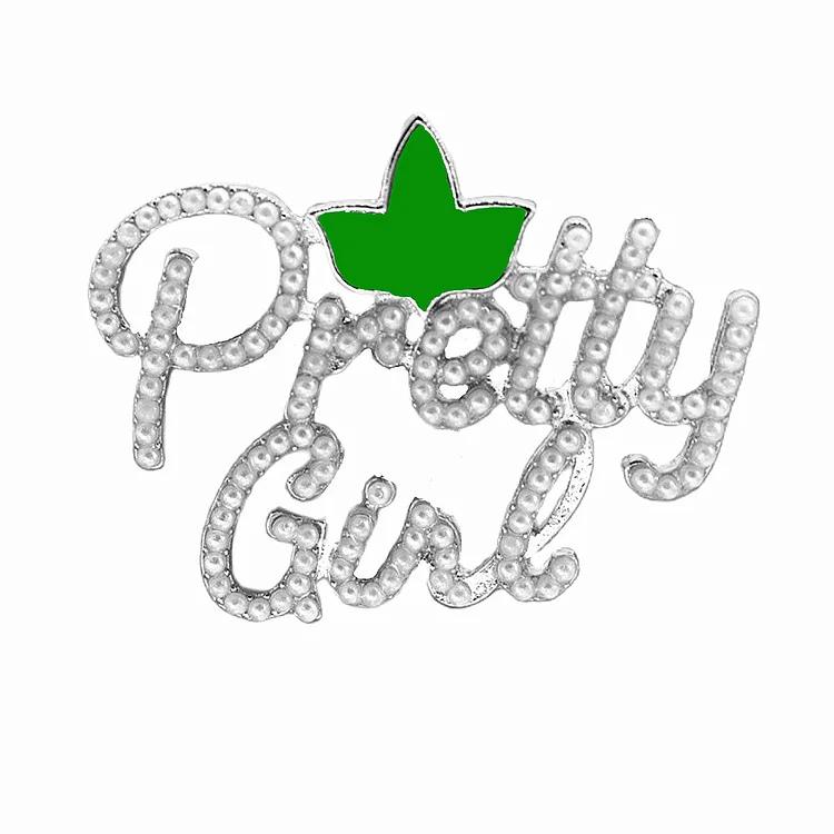 Black Lady Crown Metal Imitation Pearl Diamond Inlay Greek Letters Soror Sign Pink Green Ivy Pretty Girl Pins Brooches Jewelry