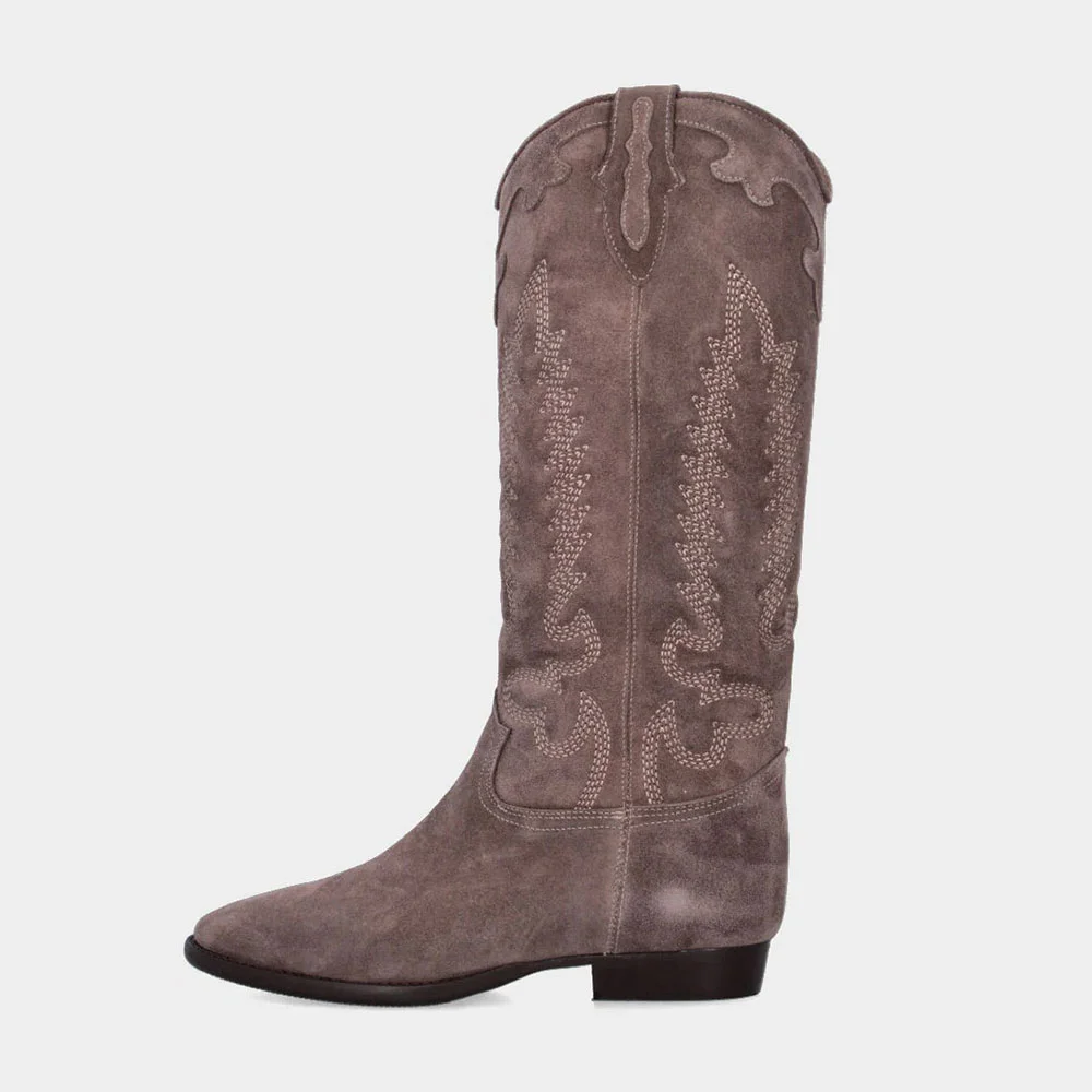 Taupe Closed Round Toe Pull Tab Western Boots with Embroidered