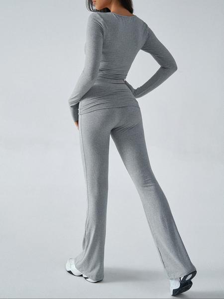 Elegant Casual V-Neck Long Sleeve Two-Piece Set, Slim-Fit Crop Top & Pants for Fall Winter, Moderate Fabric, Plain Color Design