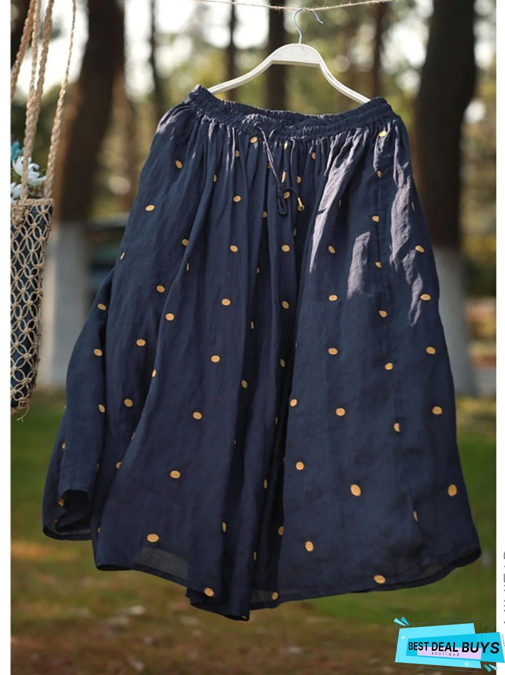 Vintage Cotton and Linen Double-Layer Skirt Print Elegant Mid-Length Skirt