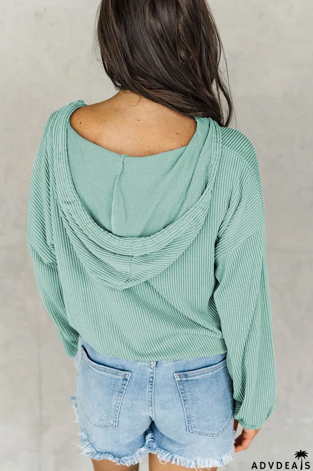 Green Loose Fit Ribbed V Neck Hoodie