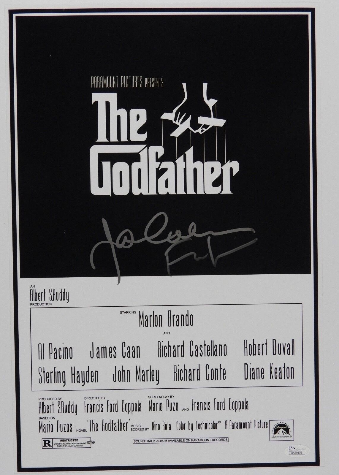 Francis Ford Coppola James Caan The Godfather JSA signed autograph 11 x 17 Photo Poster painting