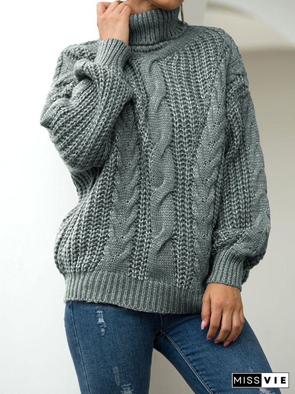 Women's Fashion Slouchy Cable Knit High Neck Pullover Sweater
