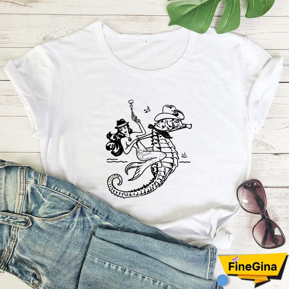The Cowgirl Mermaid 100% Cotton T-shirt Aesthetic Sea-haw Rodeo Western Tshirt Funny Women Hipster Graphic Tee Shirt Top