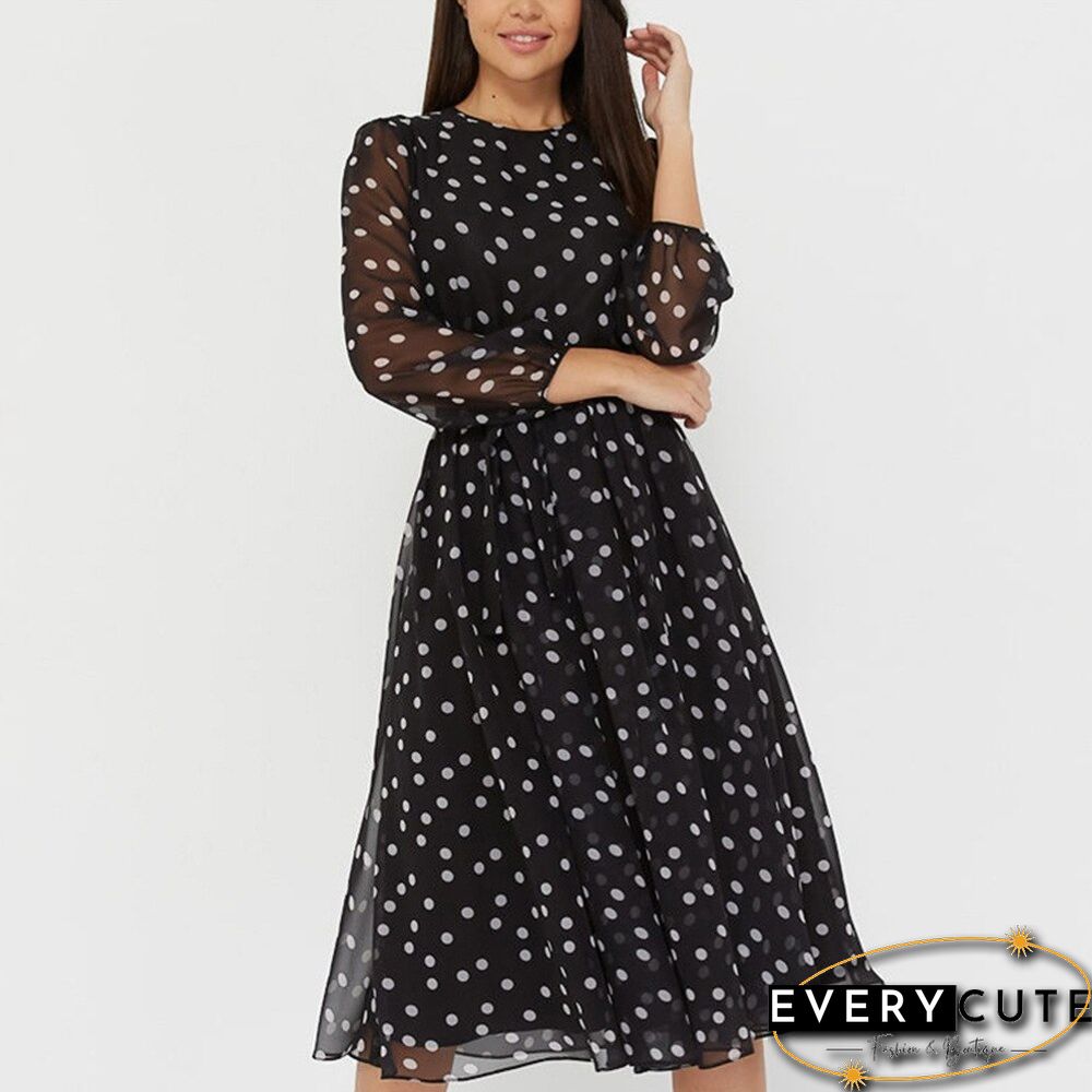 New Fashion Casual Polka Dot Print Chiffon Dress Womens High Waist lantern sleeve a-line