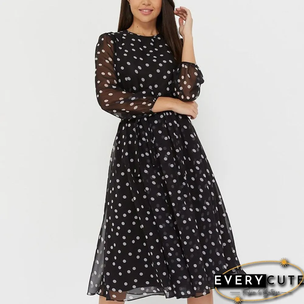 New Fashion Casual Polka Dot Print Chiffon Dress Womens High Waist lantern sleeve a-line