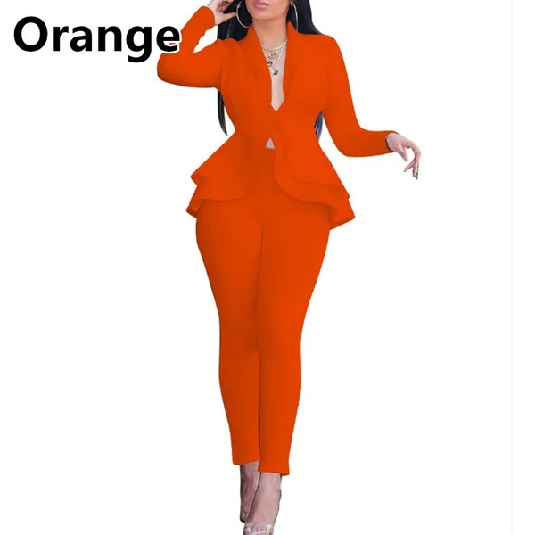 Women's Formal Work Blazer Suit Set Office Outfits Business Jacket Pants Ruffle Solid Color