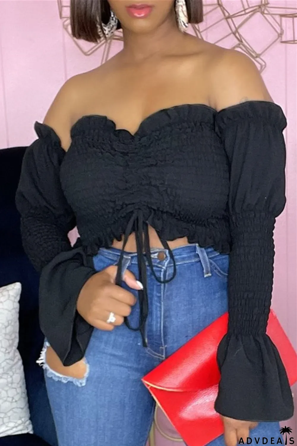 Blue Sexy Casual Solid Draw String Backless Off the Shoulder Tops