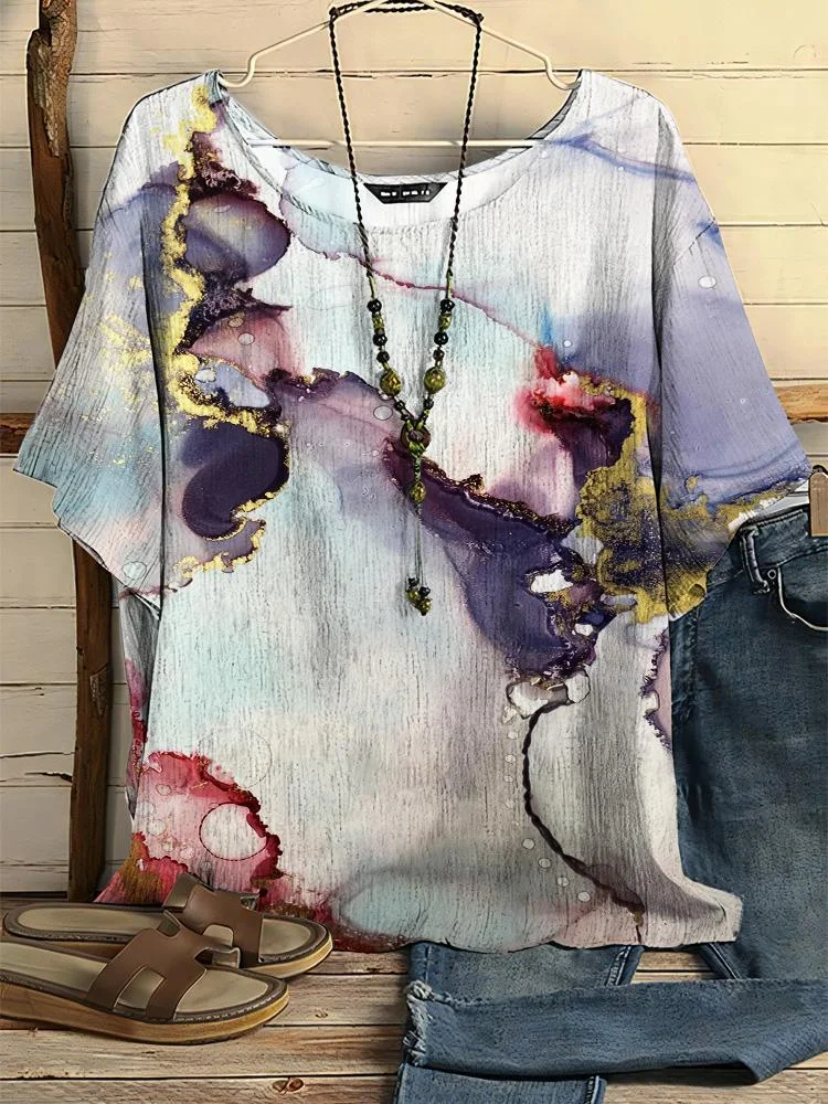 Women's New Fashion Texture Printing Casual Half-sleeve Round Neck T-shirt