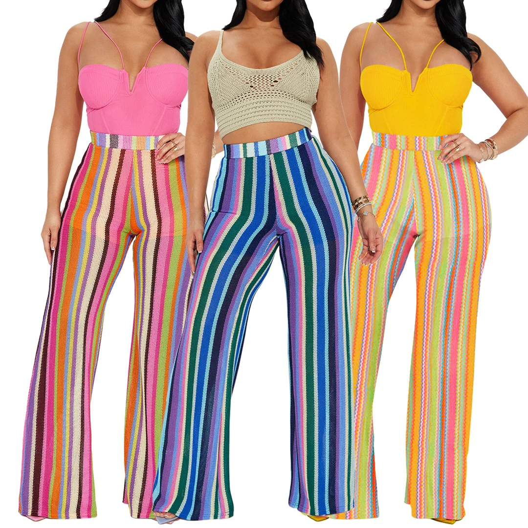 Colorful Striped Knitted Hollow Fashion Zipper Wide-leg Pants | IFYHOME