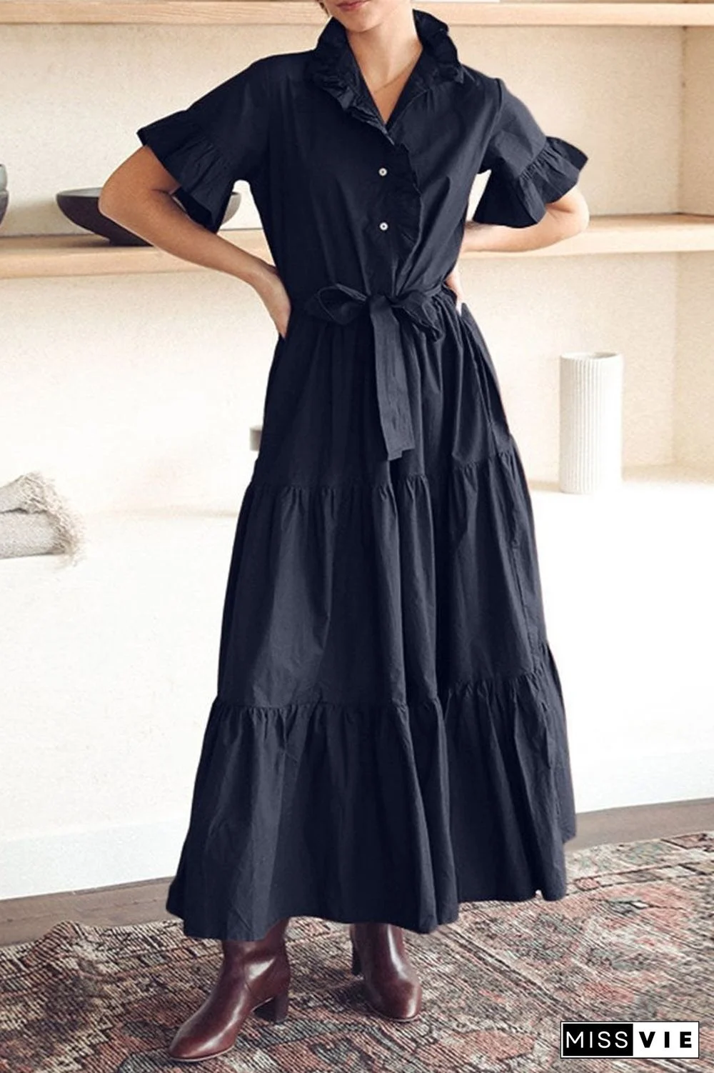 Fashion Casual Solid Split Joint Mandarin Collar A Line Dresses