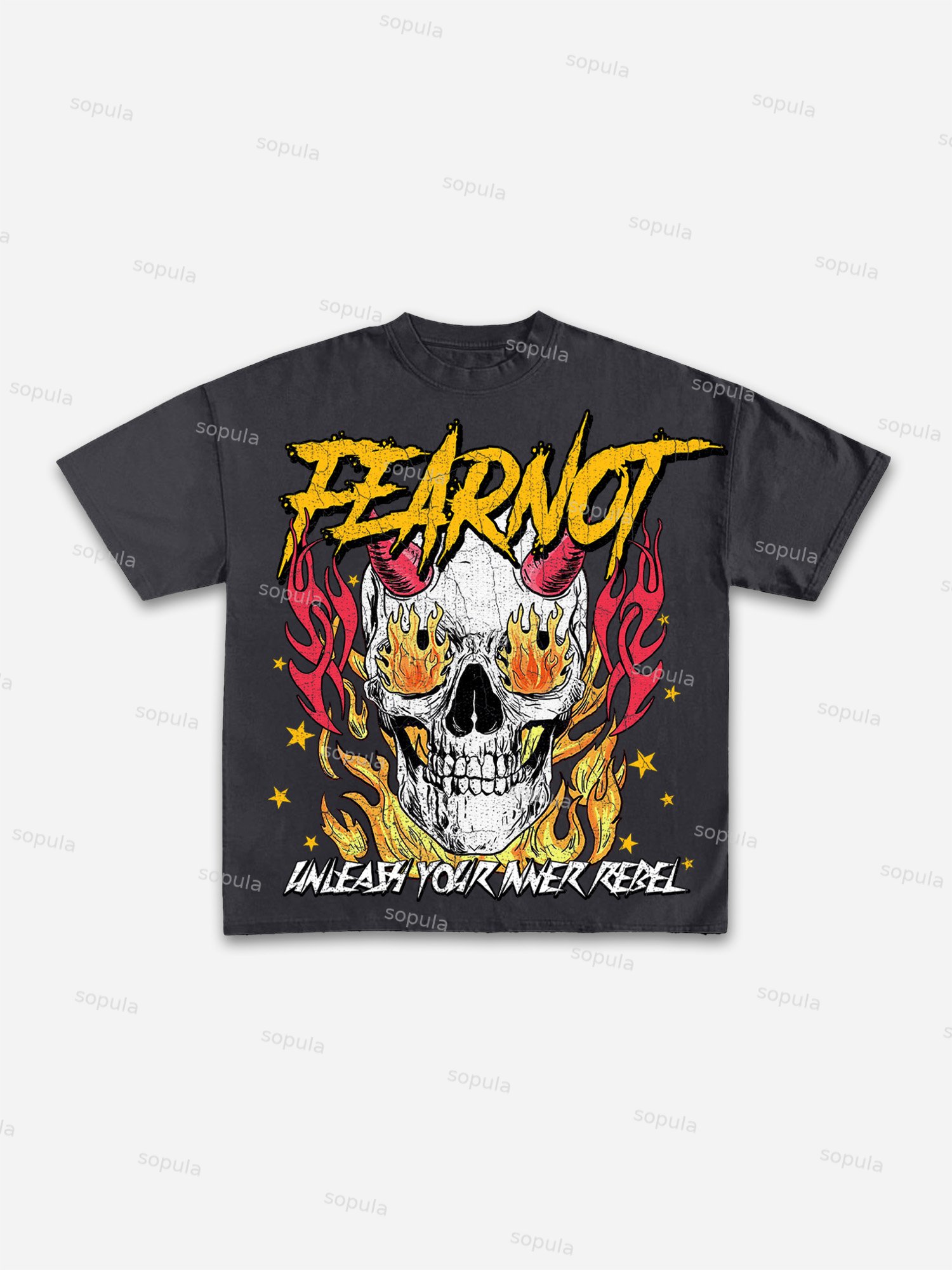 Fear Not Flaming Skull Print Cotton T-shirt