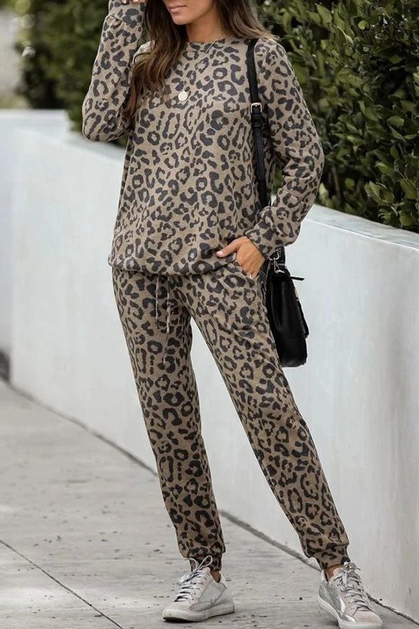 Leopard Print & Pocket Classic Pajamas Pants Suit