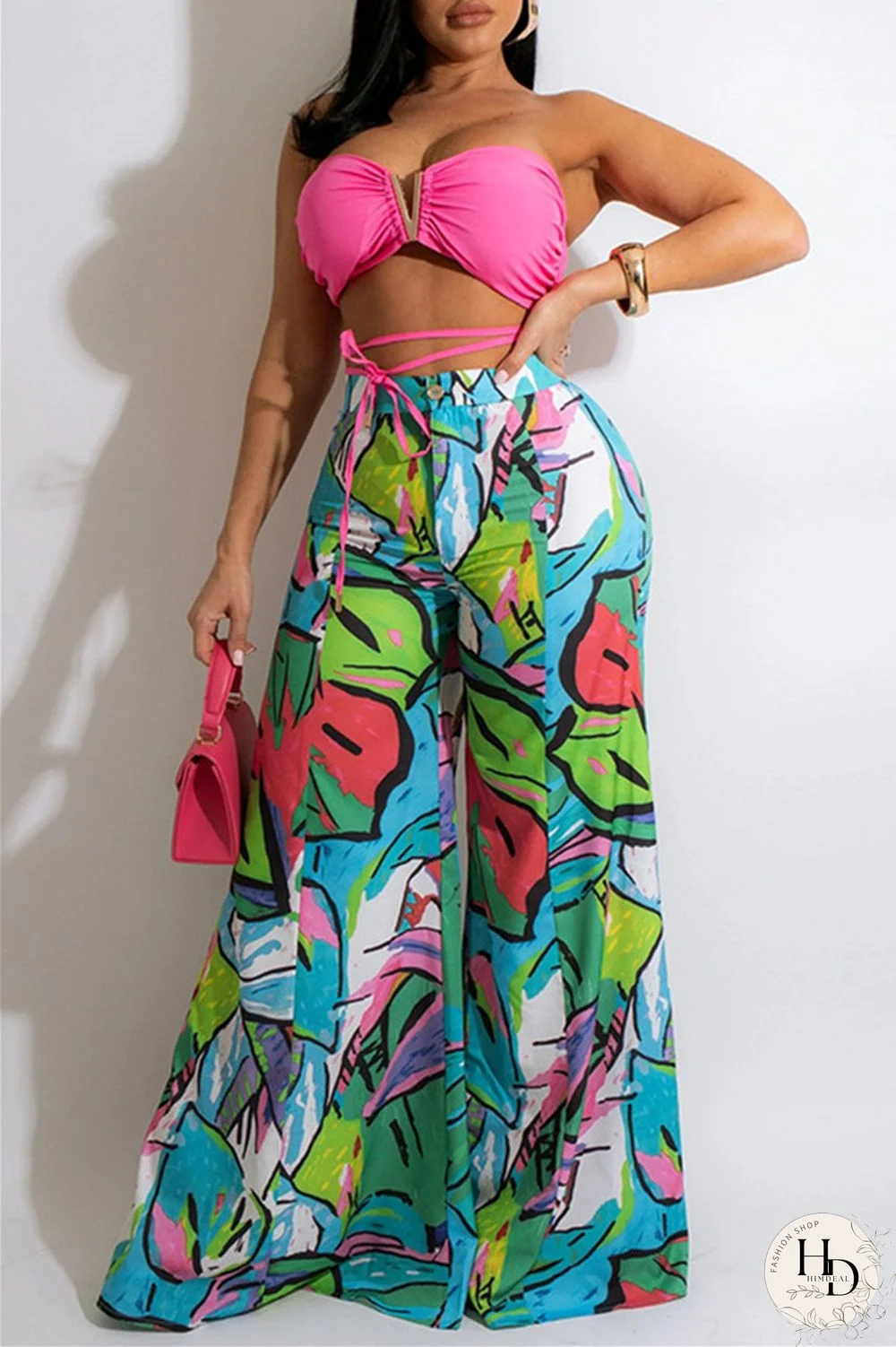 Pink Fashion Sexy Casual Print Backless Strapless Sleeveless Two Pieces