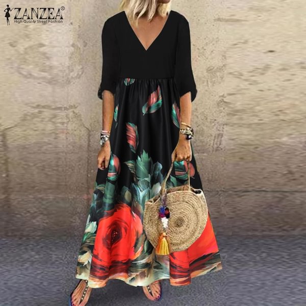 ZANZEA Women Summer 3/4 Sleeved V-Neck Baggy Plus Party Kaftan Long Dresses Retro Maxi Dress - Life is Beautiful for You - SheChoic