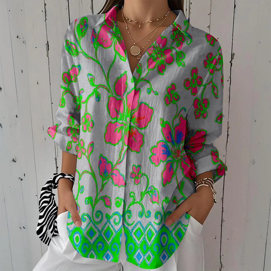 Style & Comfort for Mature Women Women Floral,Green,Red DZCL0266 3/4 Sleeve Shirt Collar Printed Button Tops