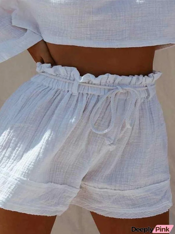 Shorts Solid Elastic Waist Cotton Linen Shorts for Women