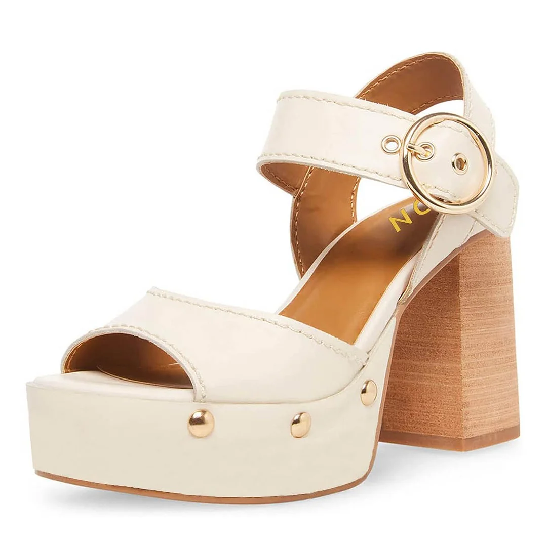 Beige Studded Open Round Toe Ankle Strap Platform Heel Sandals