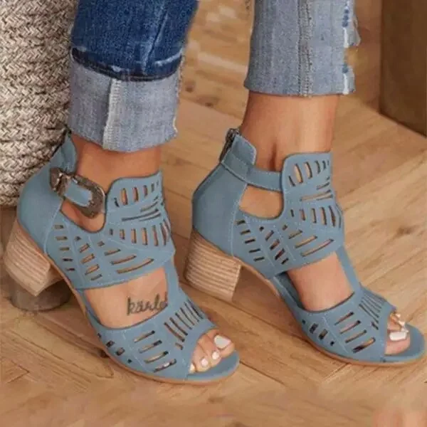 Yyvonne Coarse Heeled Fish Mouth Sandals Women Summer New Hollow Buckle Large Size Women's Sandals