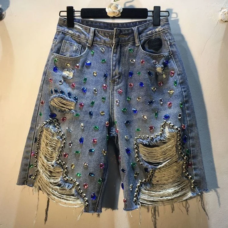 Heavy Diamond Beaded High Waist Denim Shorts