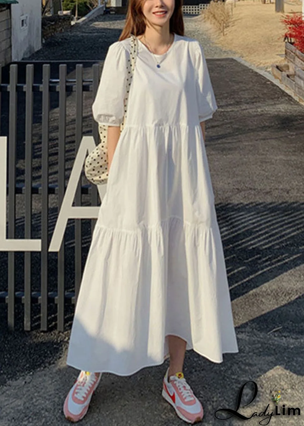 Women Cotton Solid Color Puff Sleeve Pleated Simple Maxi Dresses With Pocket