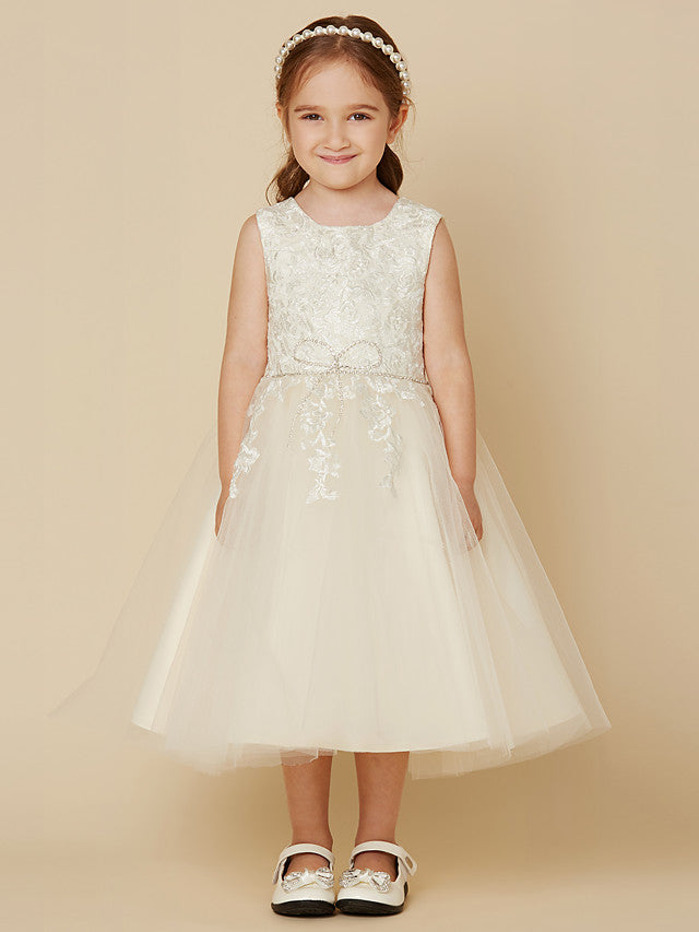 A-Line Knee Length Wedding / First Communion Lace / Tulle Sleeveless Jewel Neck With Beading / Appliques