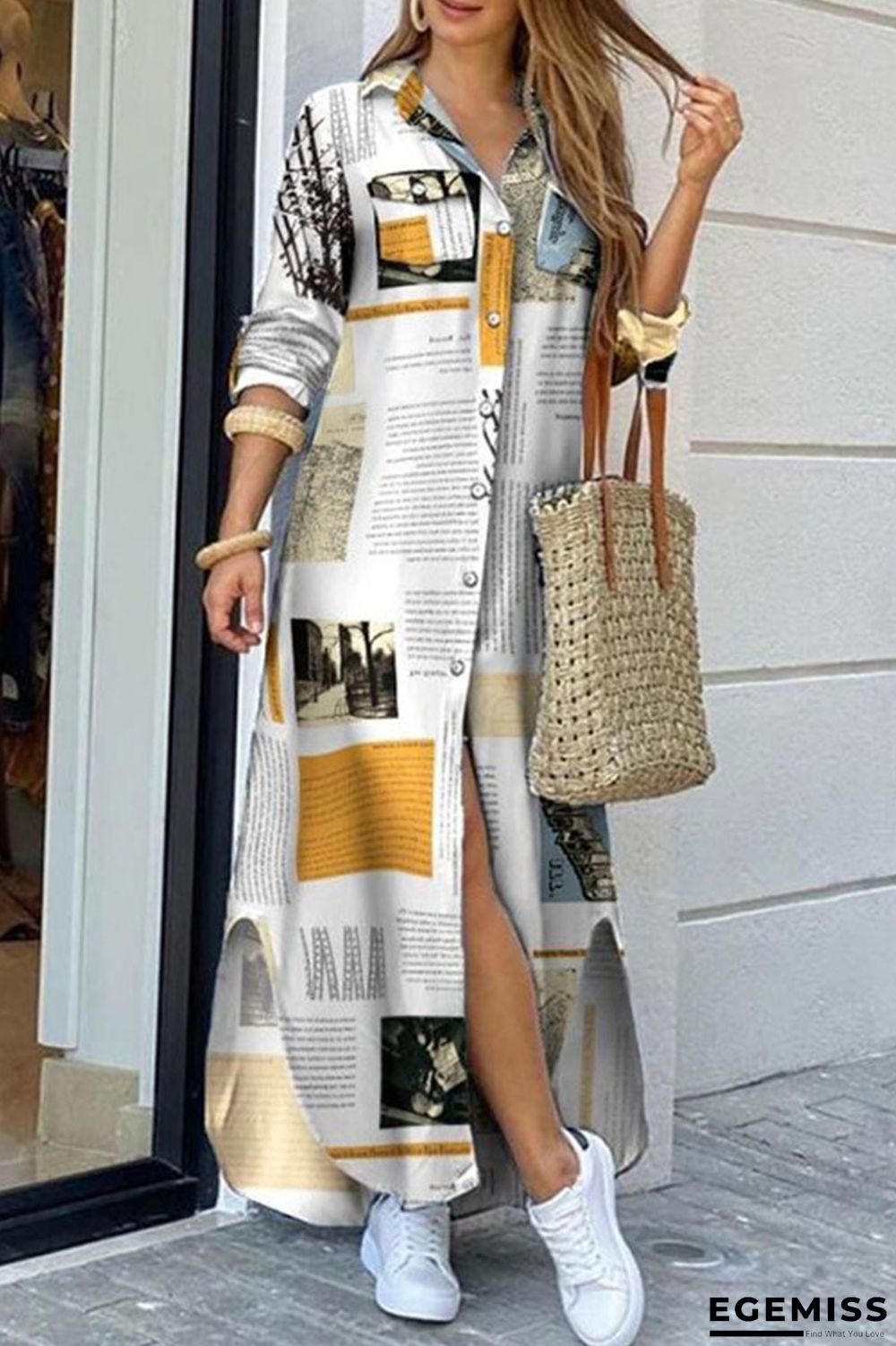 White Casual Print Patchwork Buckle Turndown Collar Shirt Dress Dresses | EGEMISS