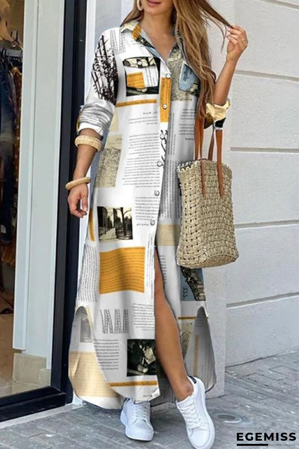 White Casual Print Patchwork Buckle Turndown Collar Shirt Dress Dresses | EGEMISS